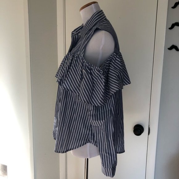 Harlowe & Graham Blue White Striped Cold Shoulder Long Sleeve Button Down Blouse - Picture 5 of 9